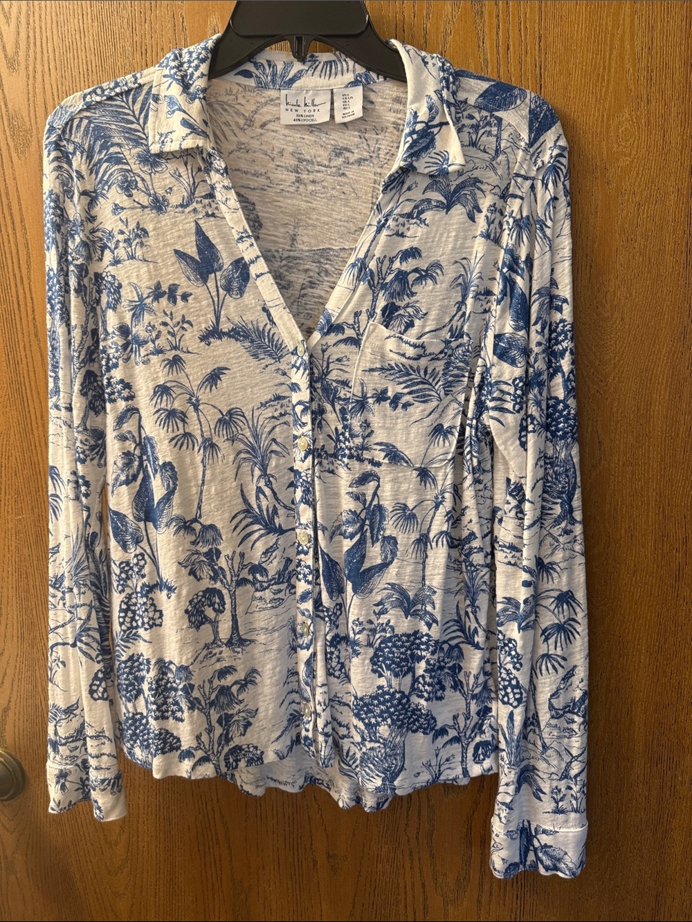 Nicole Miller Blue and White Button-Down Floral Print Shirt